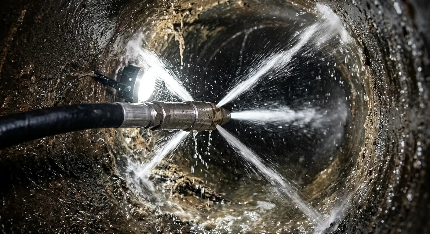 High-pressure hydro jetting nozzle cleaning sewer pipe for Trenchless Sewer Repair in Glen Rock