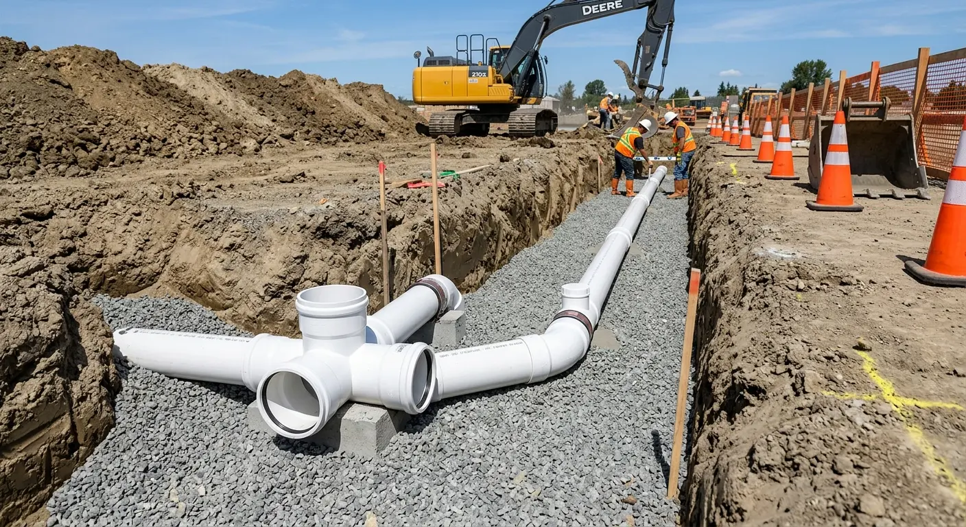 New PVC sewer pipe installation in open trench for Commercial Drain Cleaning in Glen Rock