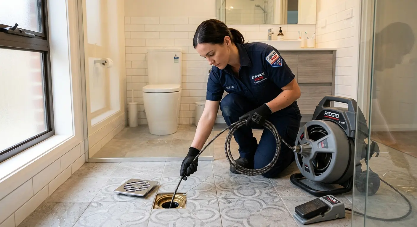 Technician clearing a bathroom floor drain for Drain Cleaning in Glen Rock